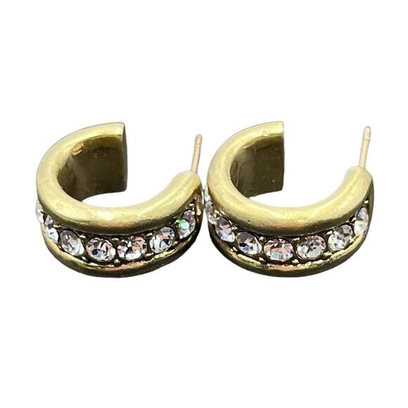 J. Crew Gold Tone Huggie Hoop Center Clear Crystal Pierced earrings - Picture 1 of 15